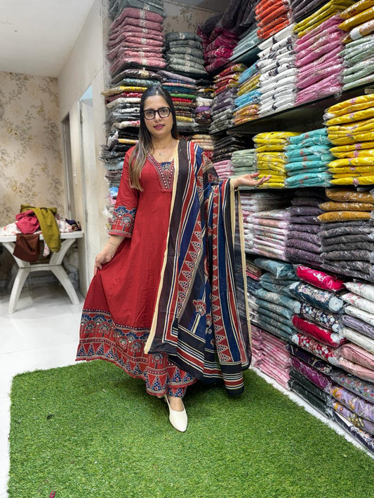 Pure Cotton Maroon Shoulder Anarkali 3pc Set