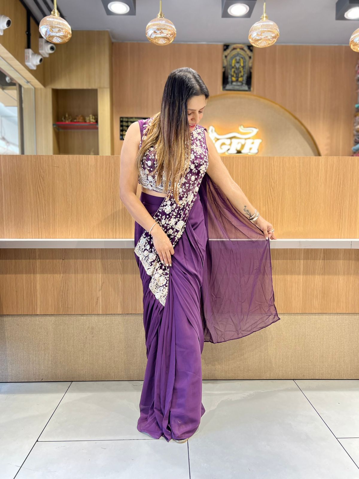 Pure Super Net Georgette Purple Drep Saree