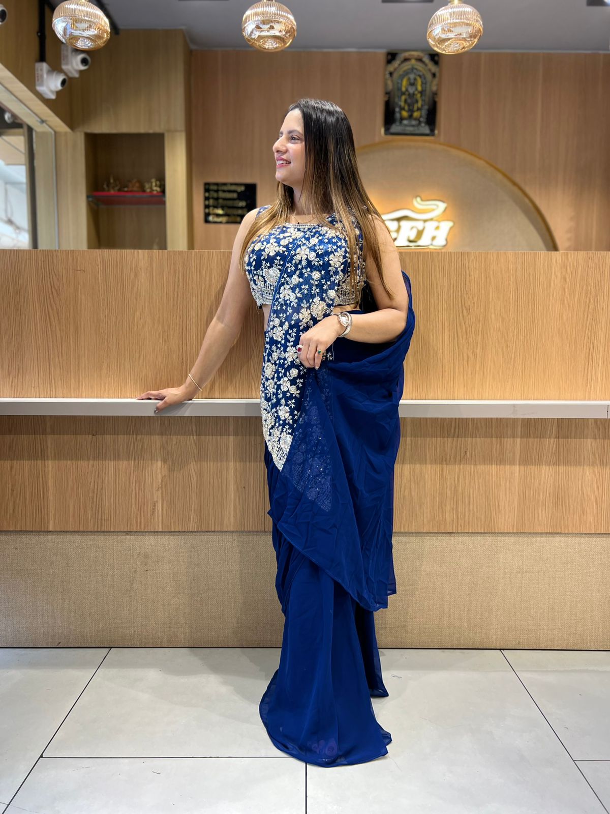 Pure Super Net Georgette Blue Drep Saree