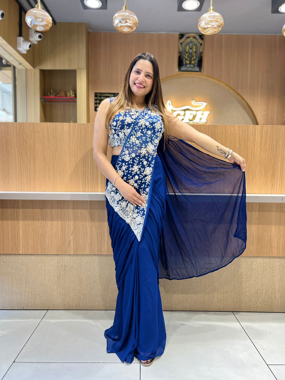 Pure Super Net Georgette Blue Drep Saree
