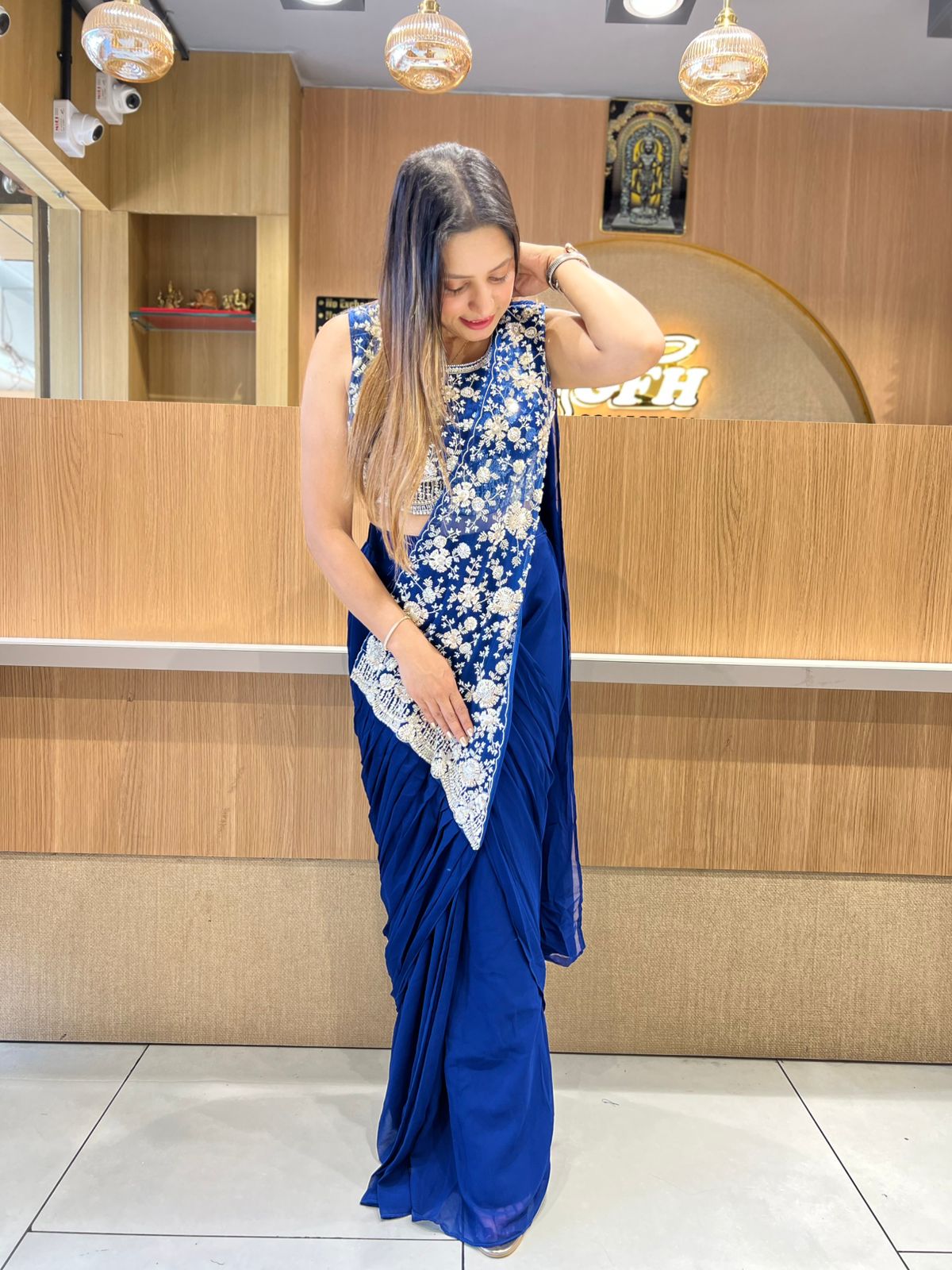 Pure Super Net Georgette Blue Drep Saree