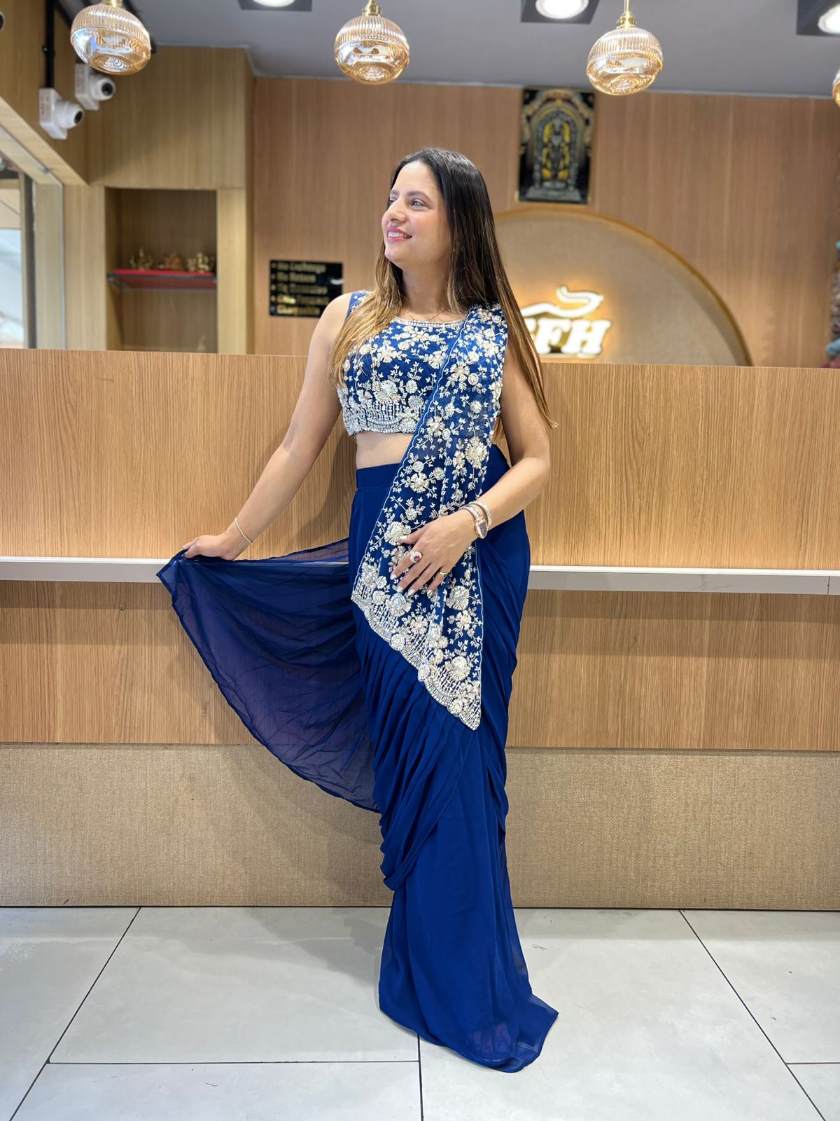 Pure Super Net Georgette Blue Drep Saree