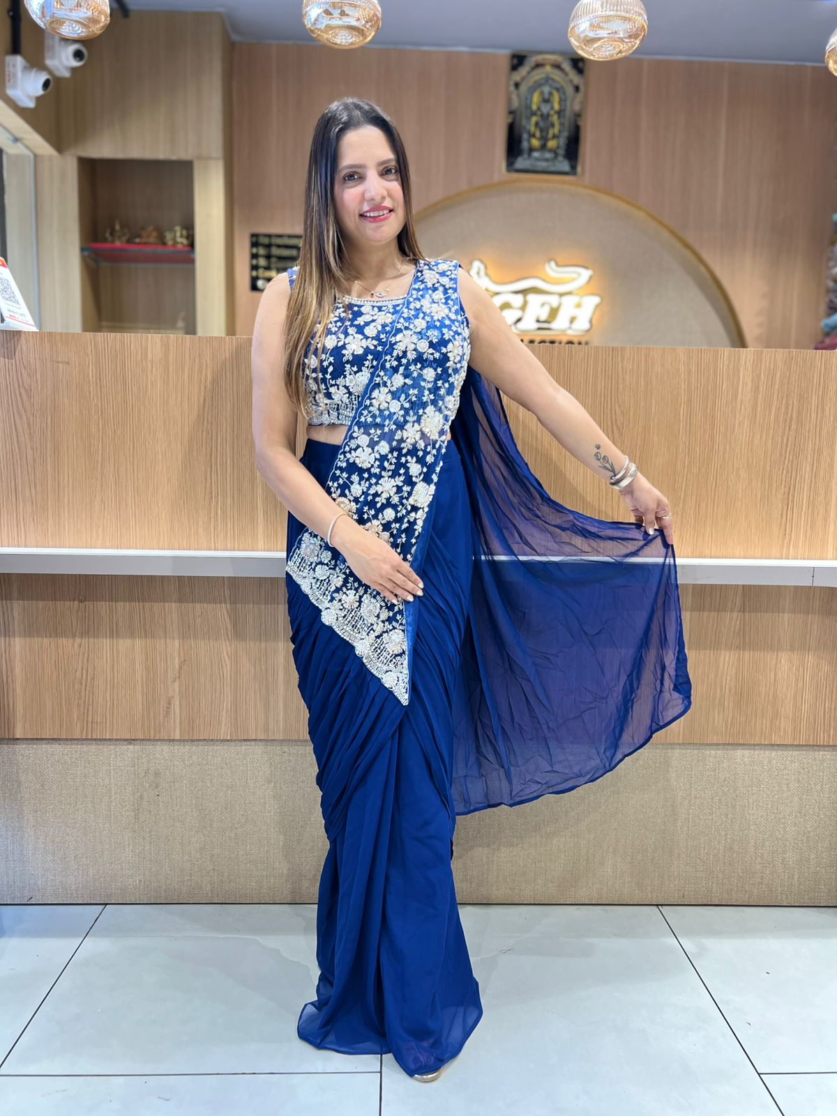 Pure Super Net Georgette Blue Drep Saree