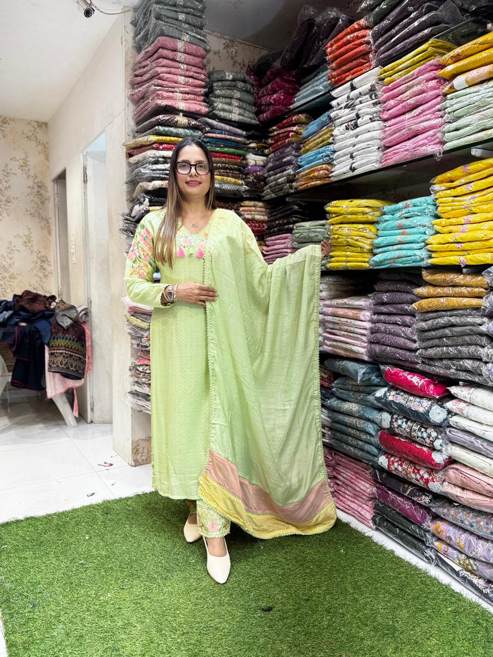 Pure Muslin Pista Green 3pc Set