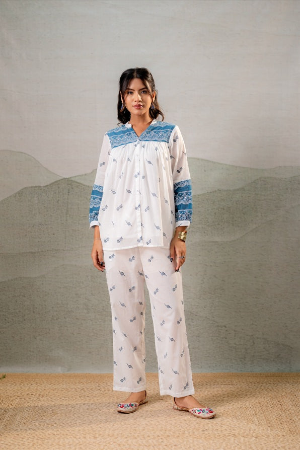 Pure Mull Cotton White And Blue 2pc Set
