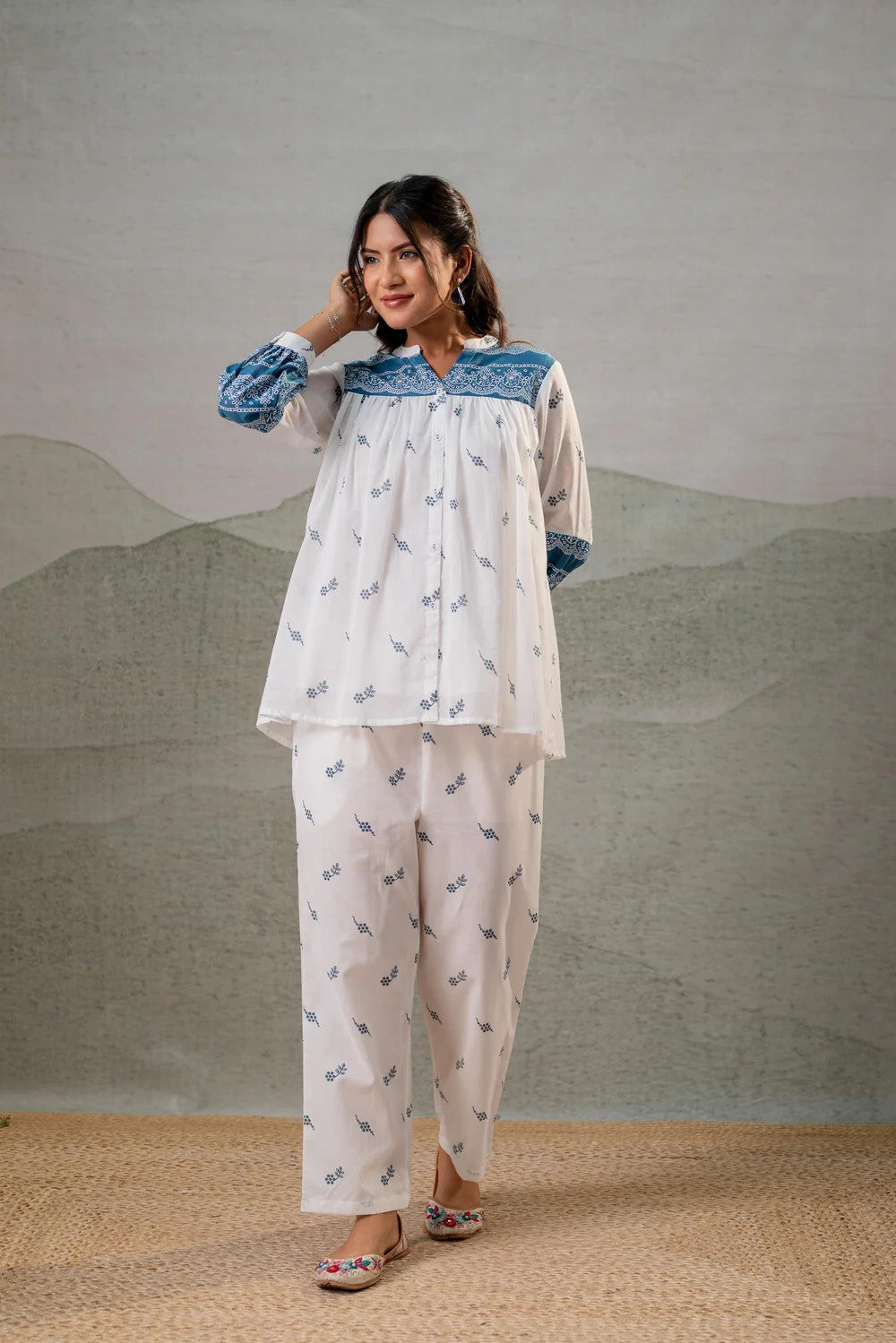 Pure Mull Cotton White And Blue 2pc Set