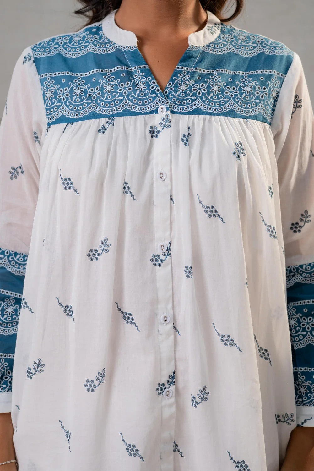 Pure Mull Cotton White And Blue 2pc Set