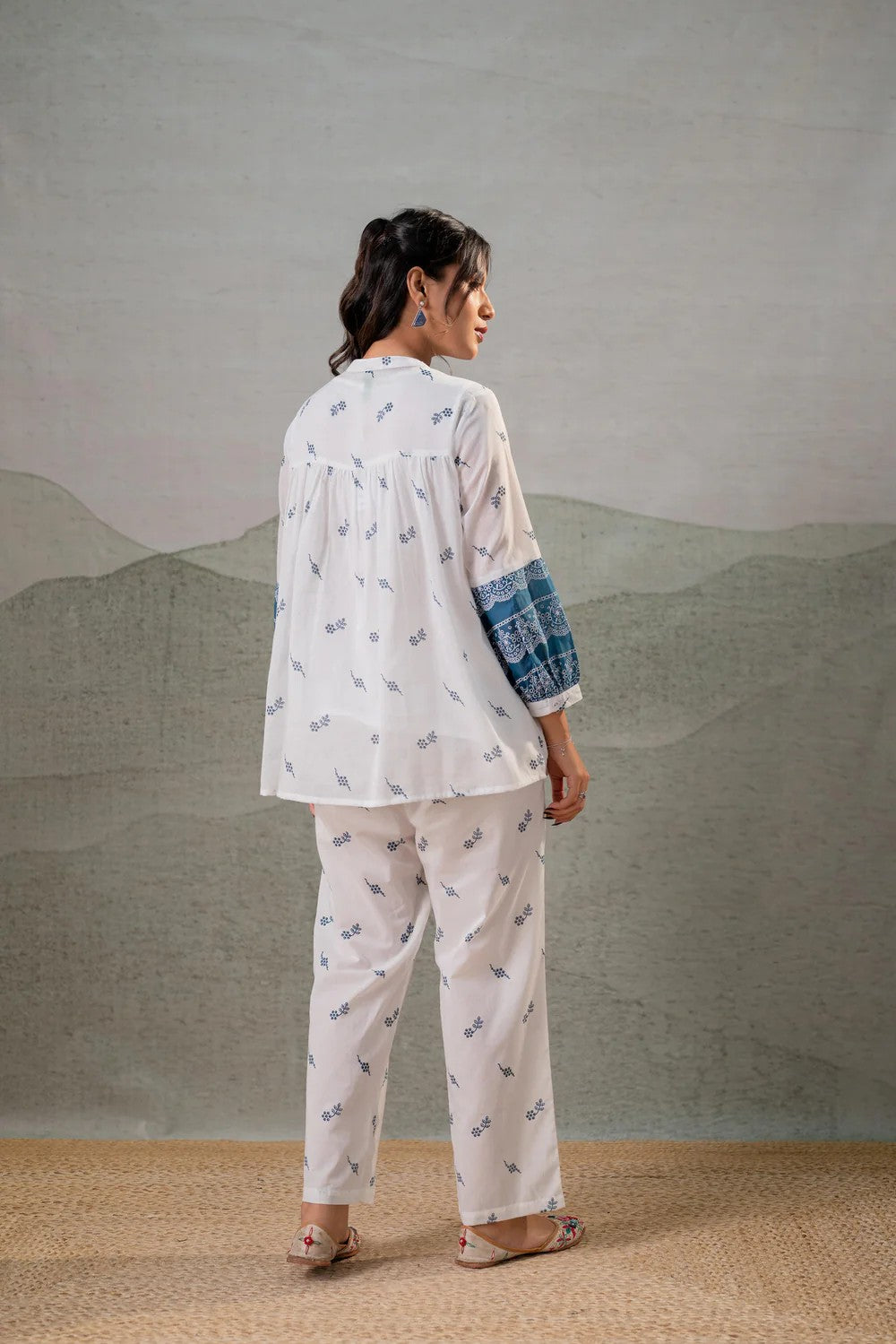 Pure Mull Cotton White And Blue 2pc Set