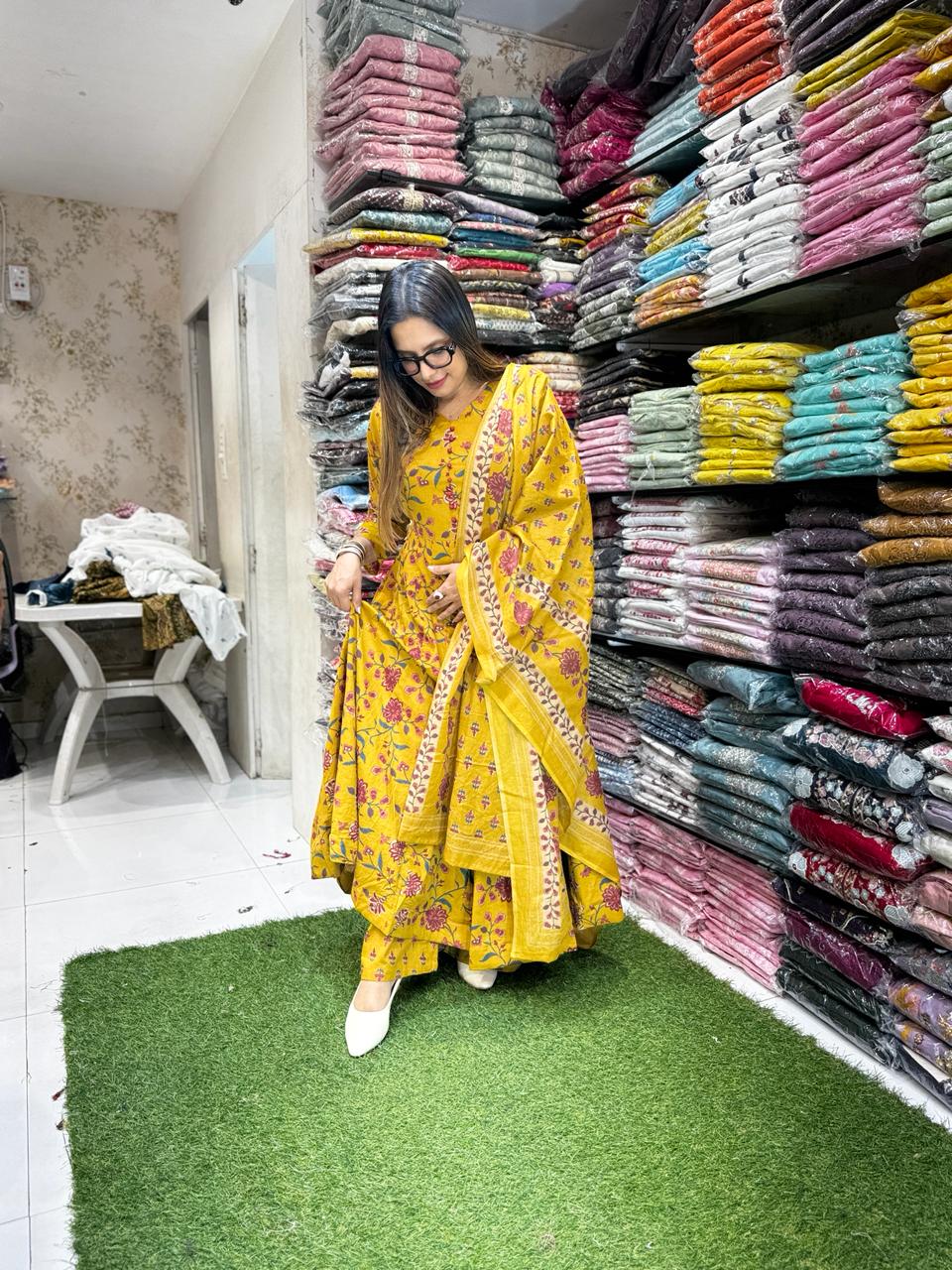 Pure Cotton Yellow 24kali Anarkali 3pc Set