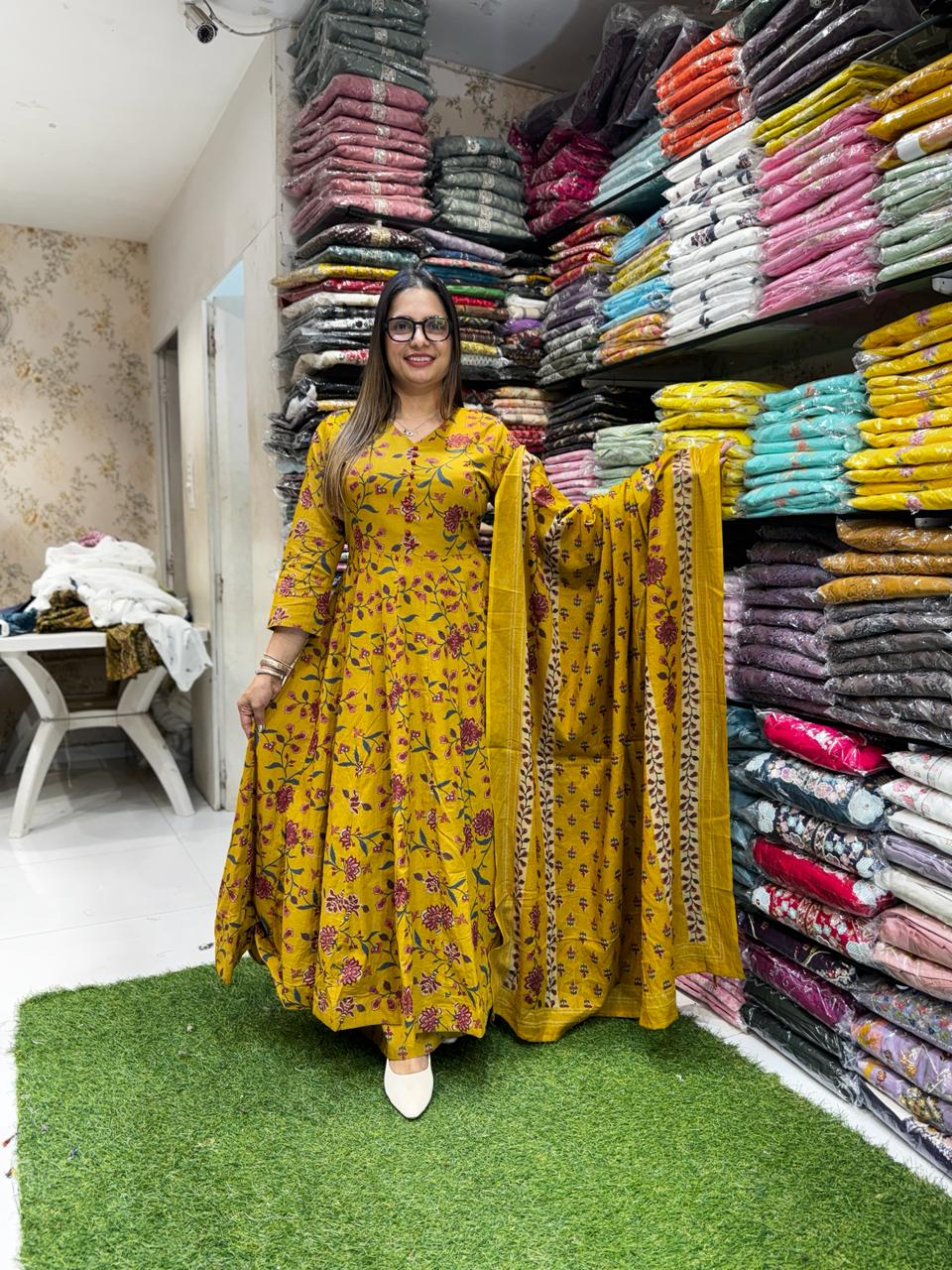 Pure Cotton Yellow 24kali Anarkali 3pc Set