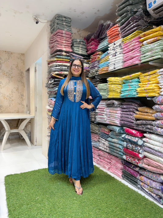 Pure Chinon Royal Blue Shoulder Anarkali 3pc Set