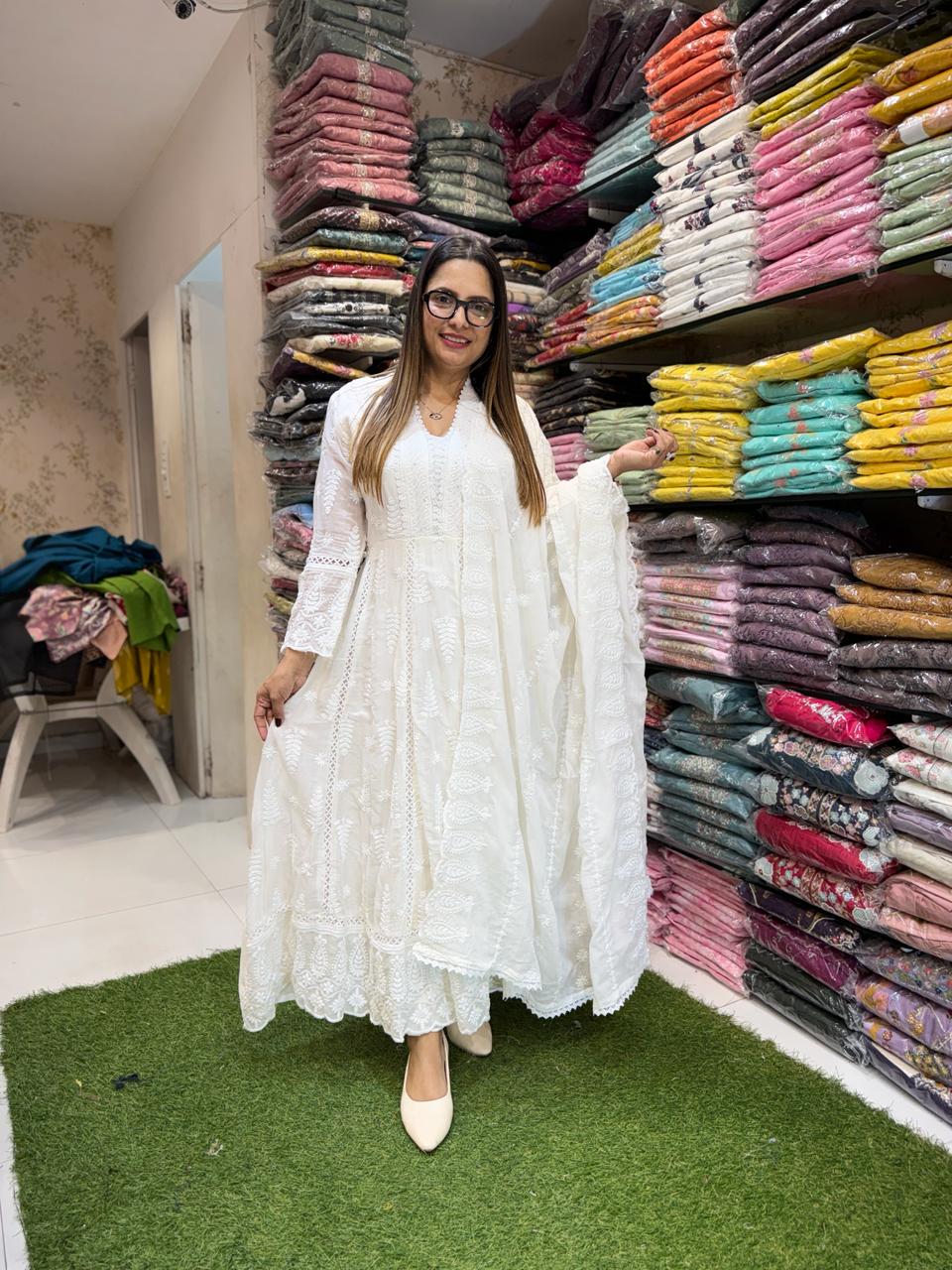 Pure Mull Cotton Pearl White Anarkali 3pc Set
