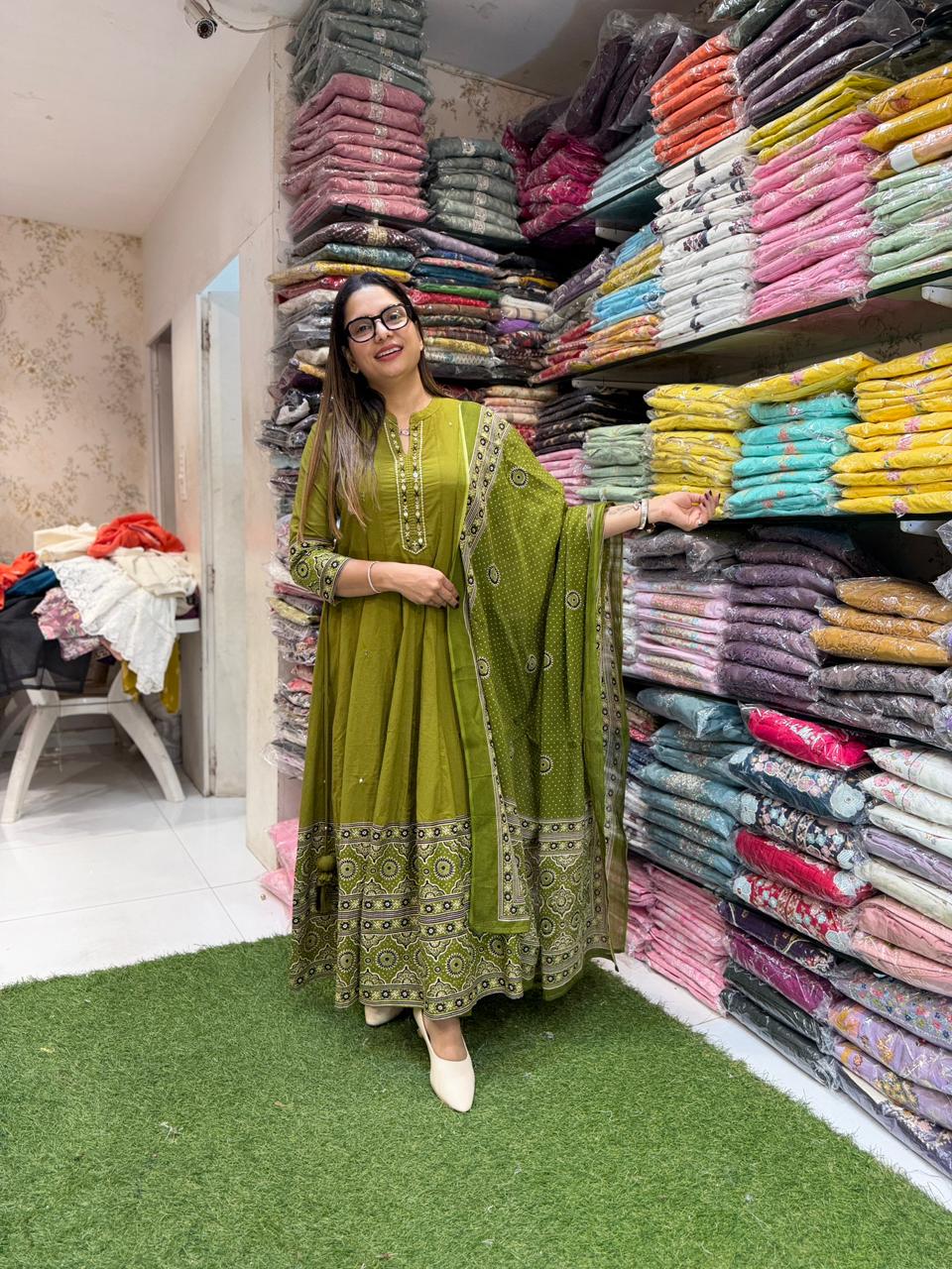 Pure Cotton Green Anarkali 3pc Set