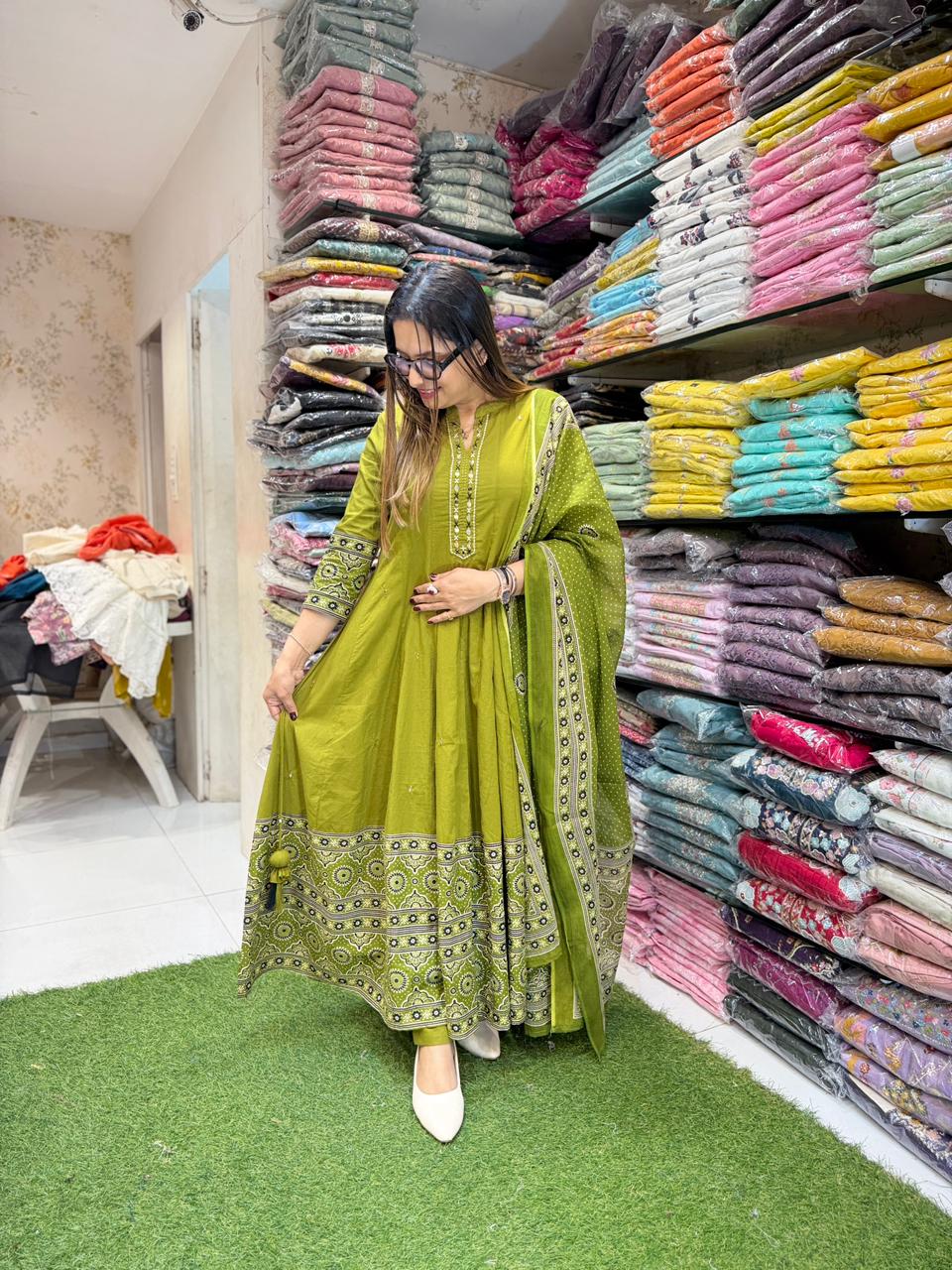 Pure Cotton Green Anarkali 3pc Set
