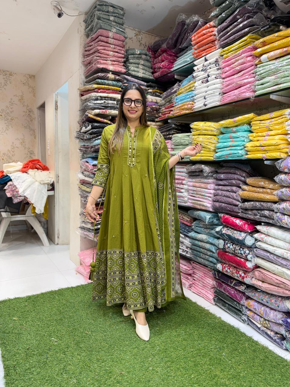Pure Cotton Green Anarkali 3pc Set