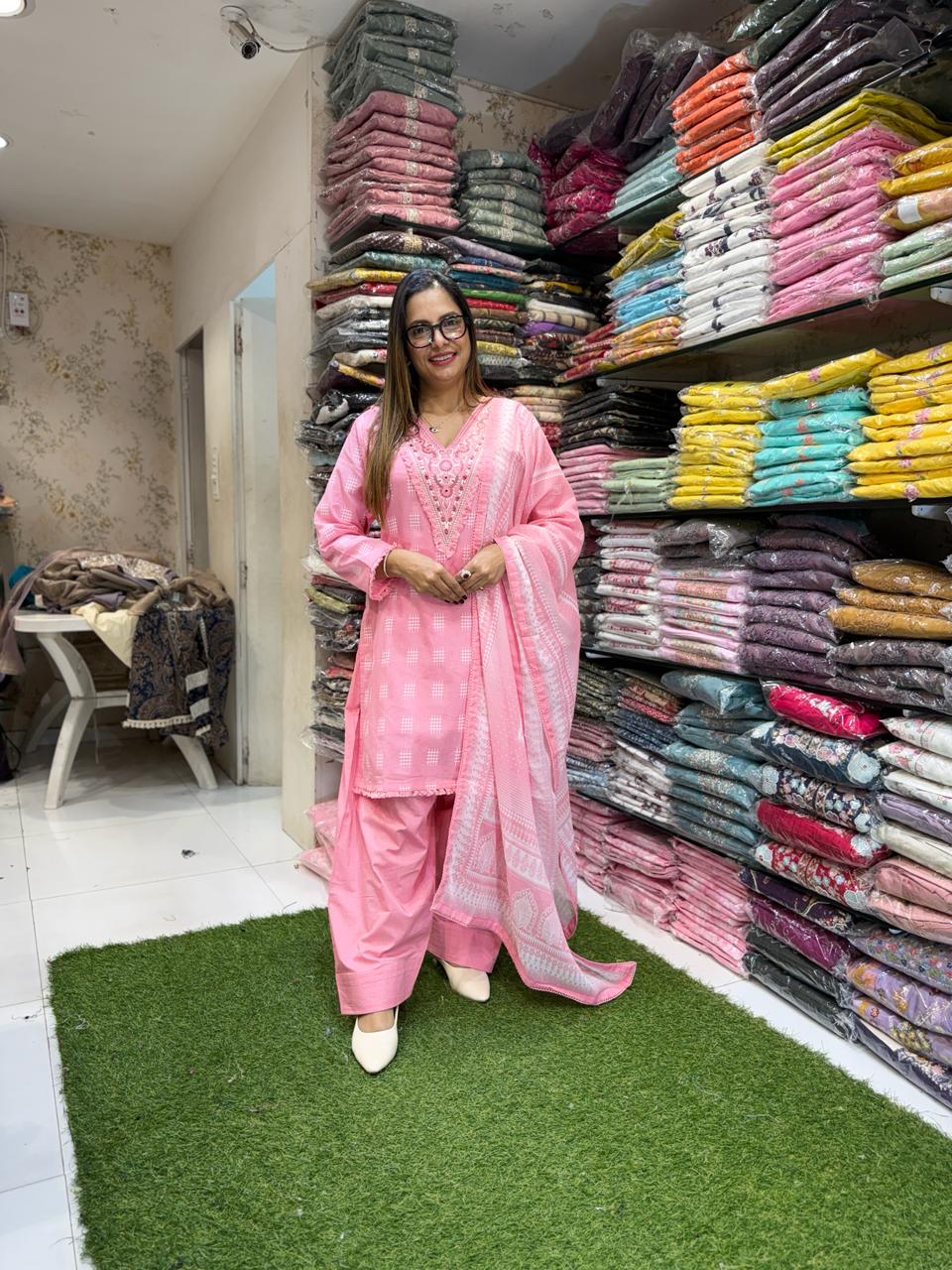 Pure Jamdani Cotton Pink Farsi Salwar 3pc Set