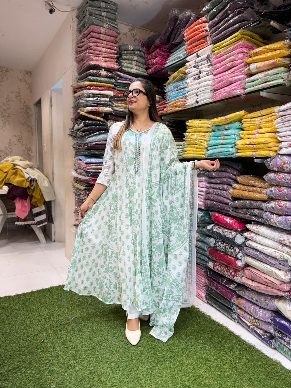 Pure Mull Cotton Off White And Green Shoulder Anarkali 3pc Set