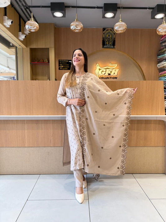 Pure Mull Chanderi Dusty Off White 3pc Set