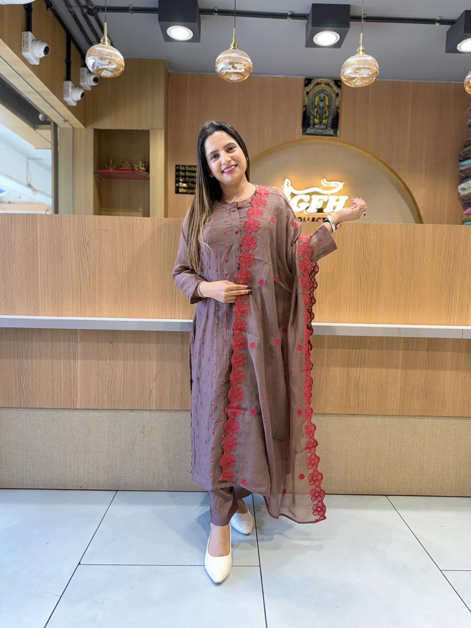 Pure Banaras Mull Chanderi Dark Brown 3pc Set