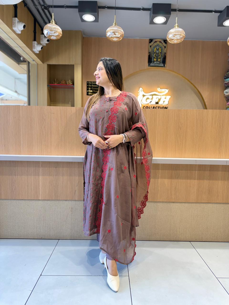 Pure Banaras Mull Chanderi Dark Brown 3pc Set