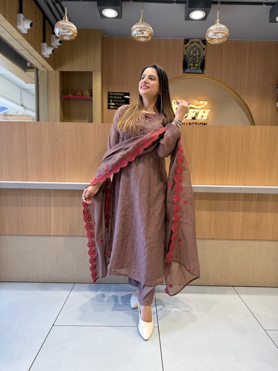 Pure Banaras Mull Chanderi Dark Brown 3pc Set