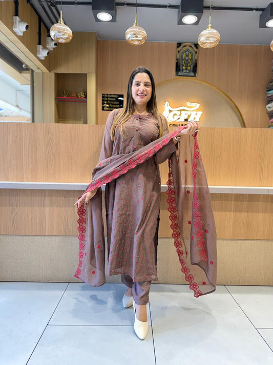 Pure Mull Chanderi Dark Brown 3pc Set
