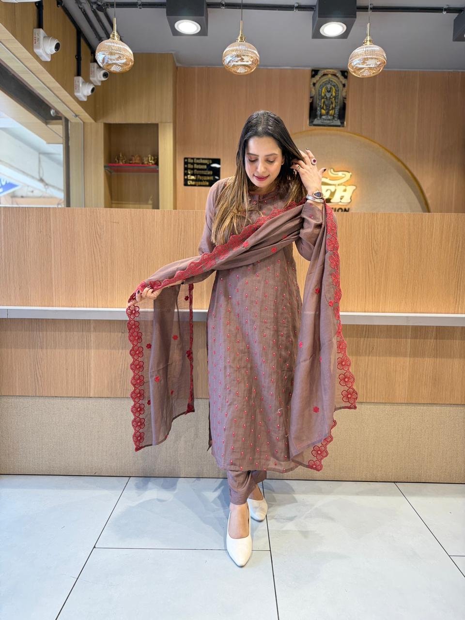 Pure Banaras Mull Chanderi Dark Brown 3pc Set