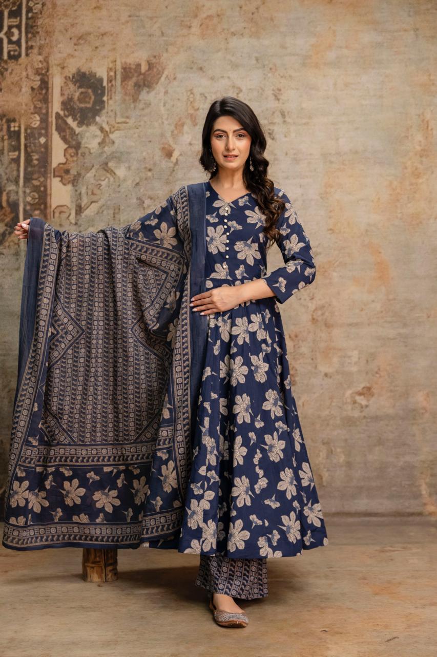 Pure Cotton Blue 24Kali Anarkali 3pc Set