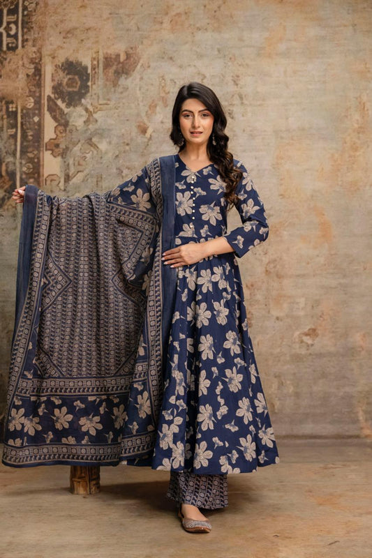 Pure Cotton Blue 24Kali Anarkali 3pc Set