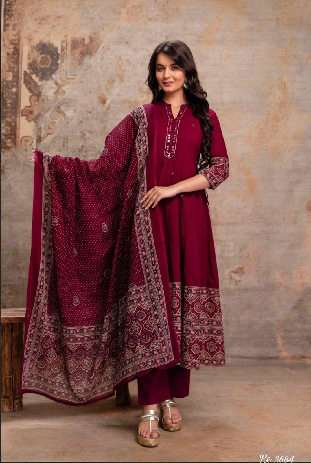Pure Cotton Wine Anarkali 3pc Set