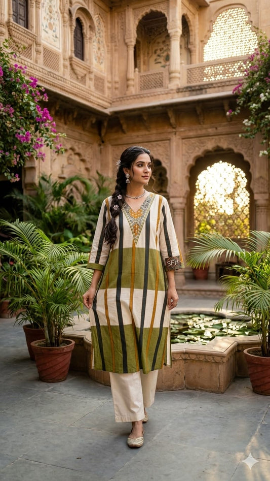 Pure Cotton Off White And Green 2pc Set