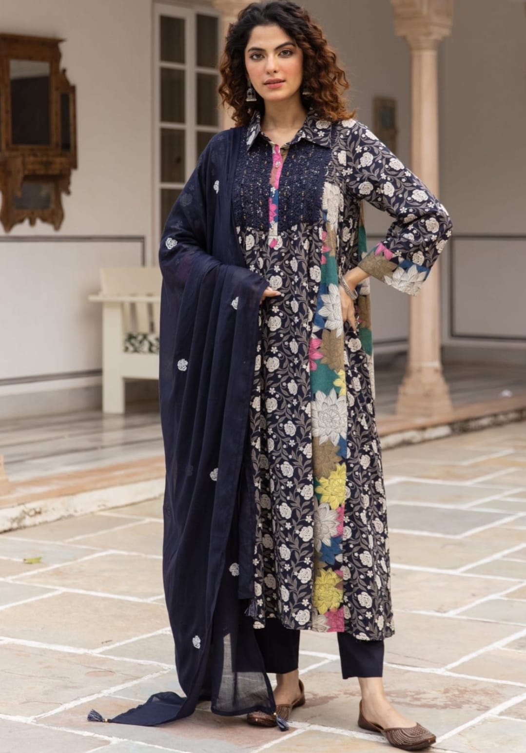 Pure Cotton Blue Anarkali Partywear 3pc Set