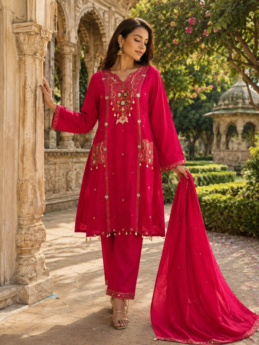 Pure Dola Silk Rani Pink 3pc Set