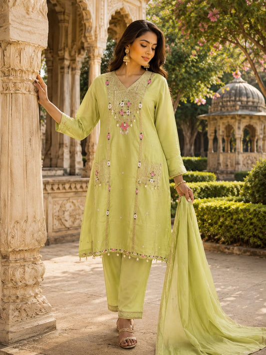 Pure Dola Silk Pista Green 3pc Set