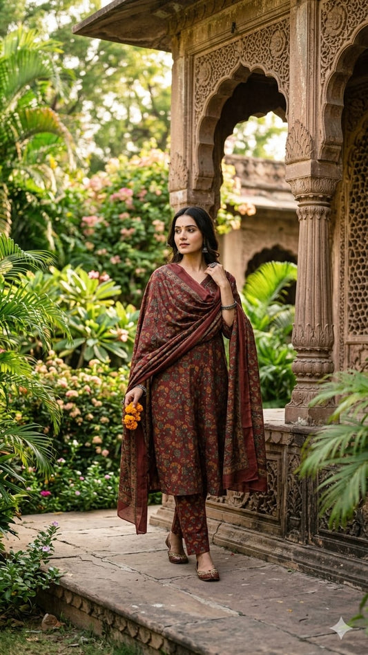 Pure Cotton Maroon 3pc Set