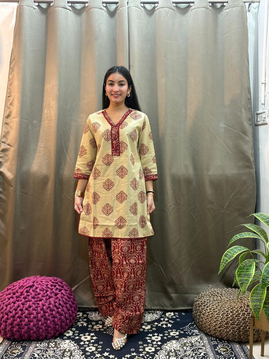 Pure Cotton Beige And Maroon Farsi Salwar 2pc Set