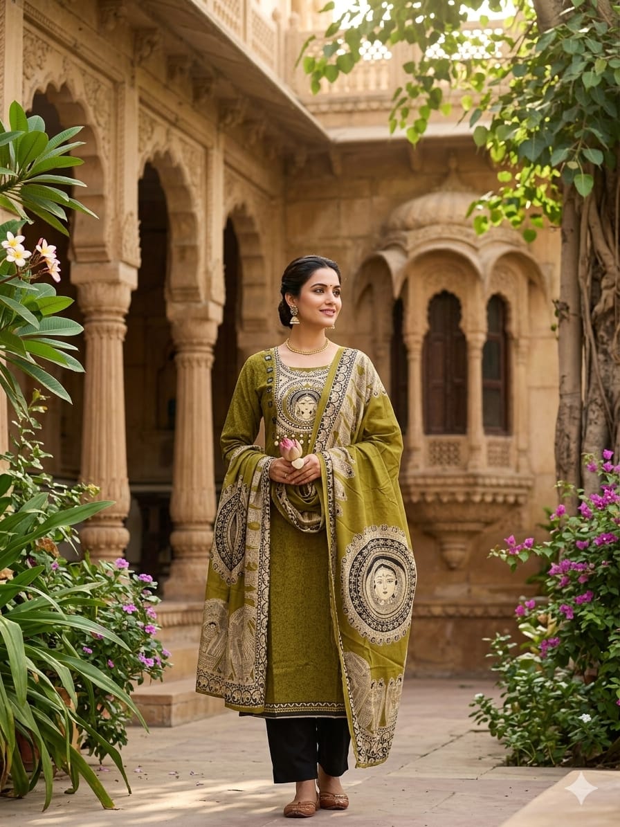 Madhubani Green Cotton Suit