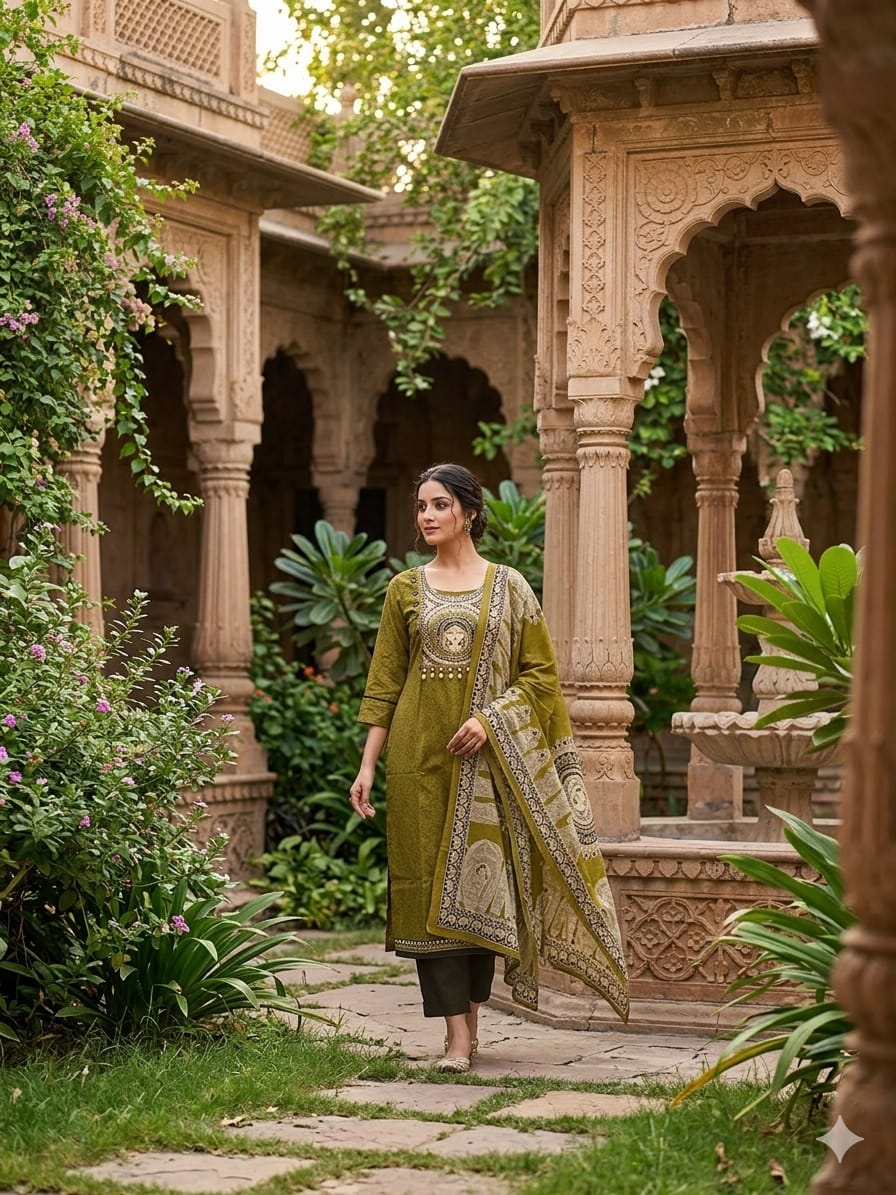 Madhubani Green Cotton Suit