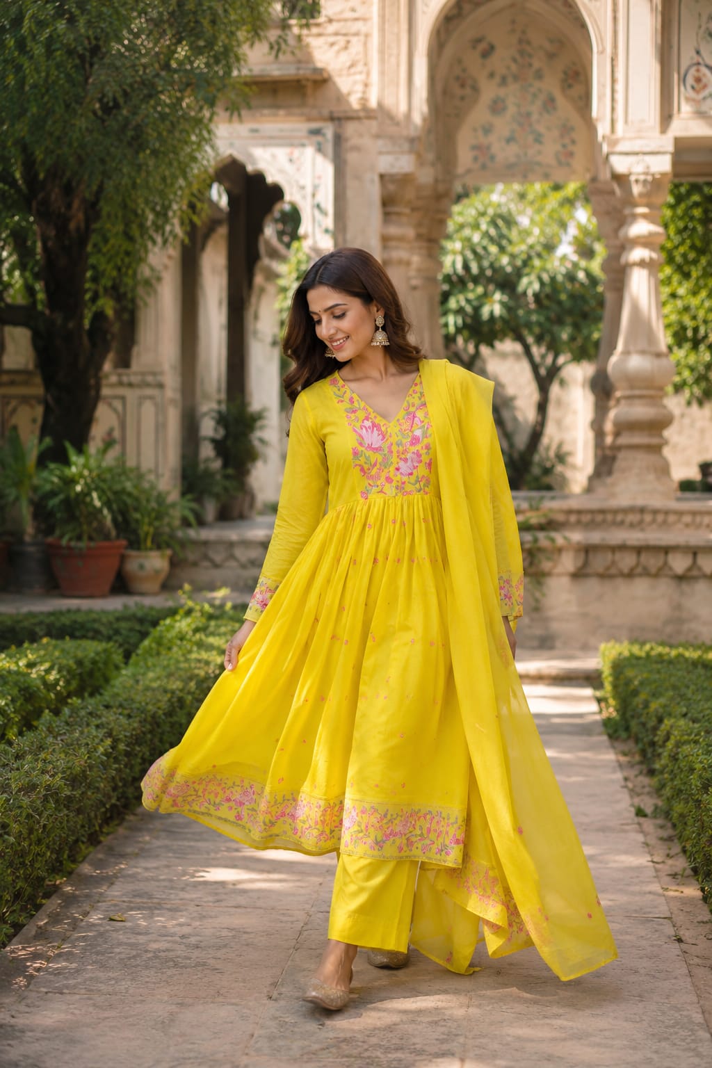 Pure Mull Cotton Yellow Anarkali 3pc Set