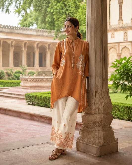 Pure Mull Chanderi Light Rust Orange 2pc Set