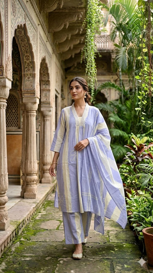 Pure Cotton Off White And Blue 3pc Set