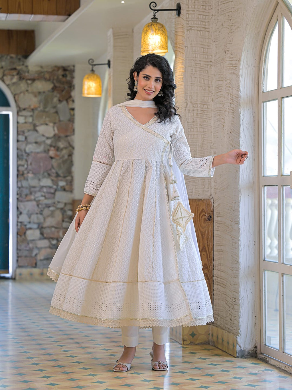 Pure Lucknowi Off White Anarkali 3pc Set