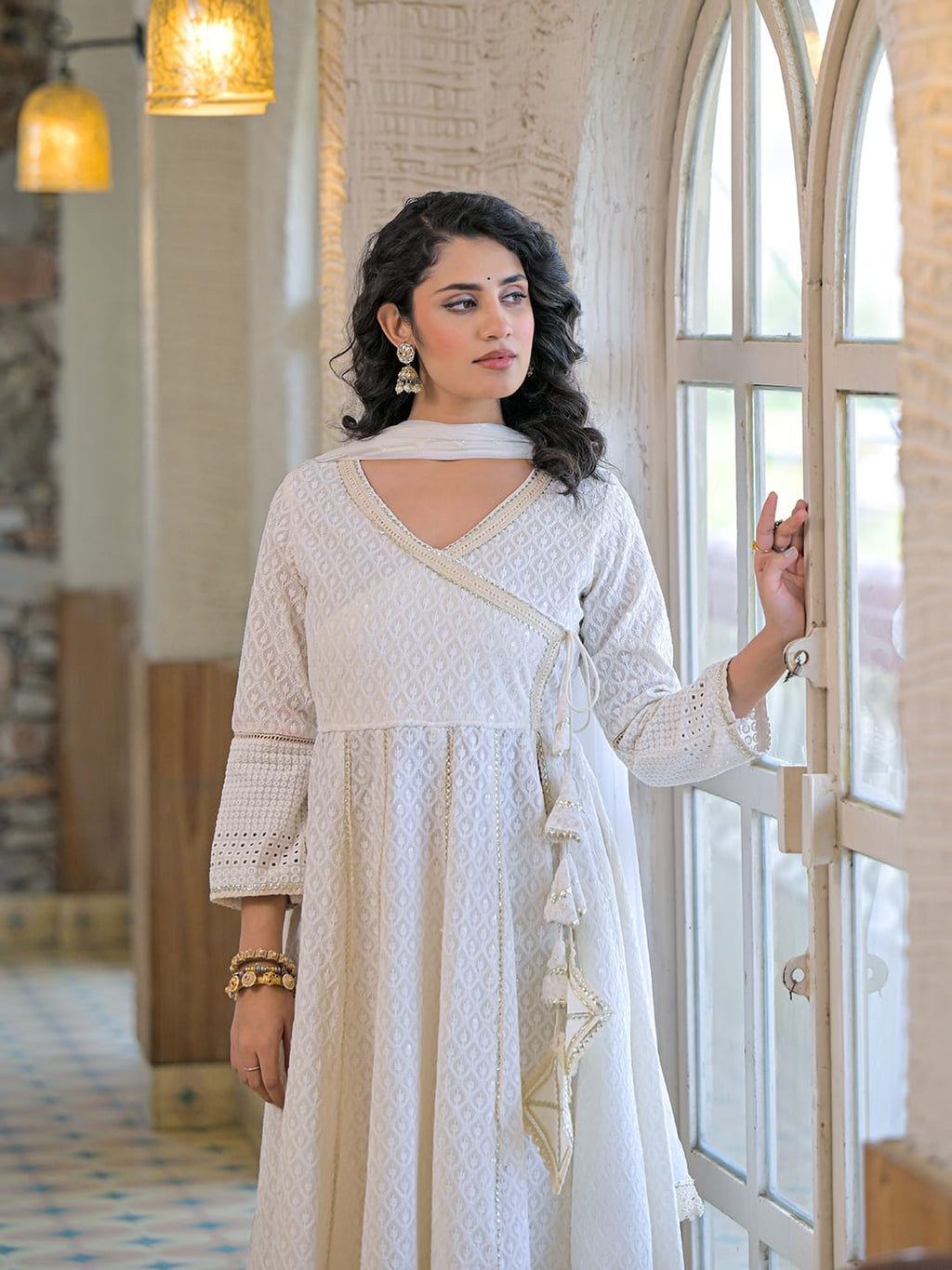 Pure Lucknowi Off White Anarkali 3pc Set