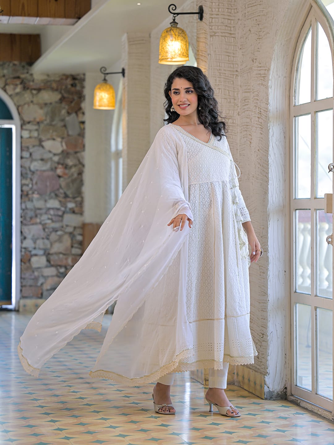 Pure Lucknowi Off White Anarkali 3pc Set
