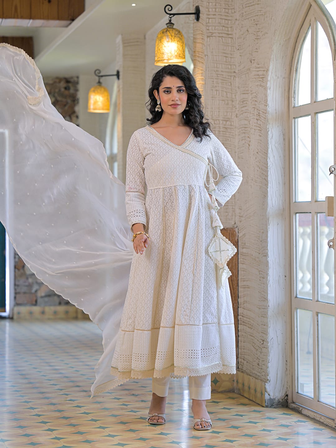 Pure Mull Cotton Off White Anarkali 3pc Set
