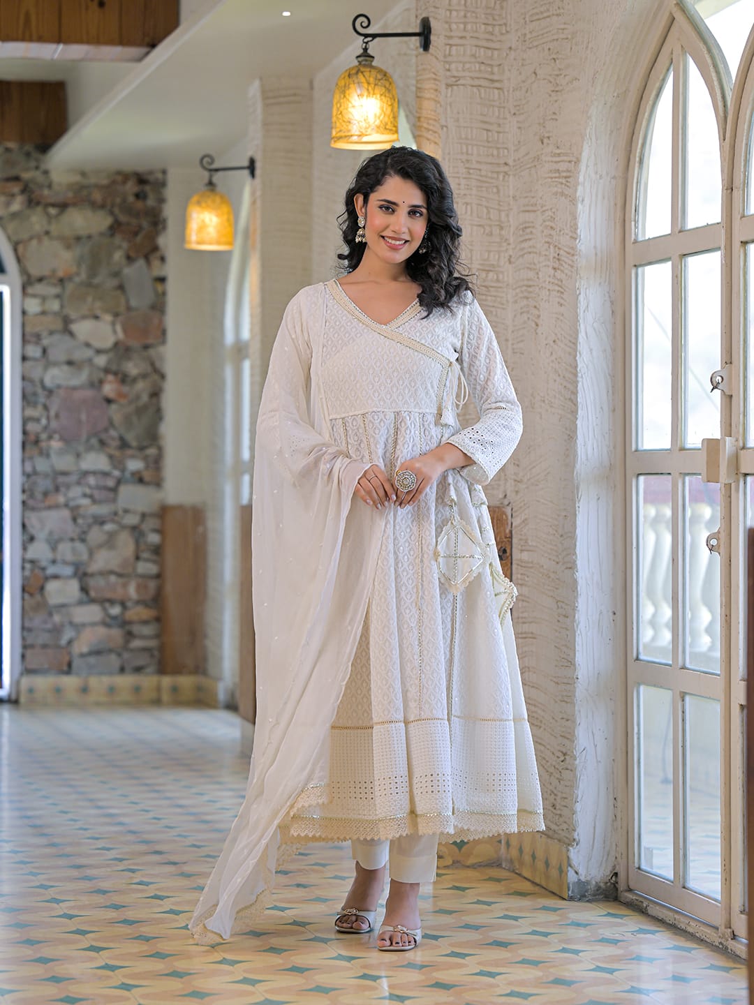 Pure Mull Cotton Off White Anarkali 3pc Set
