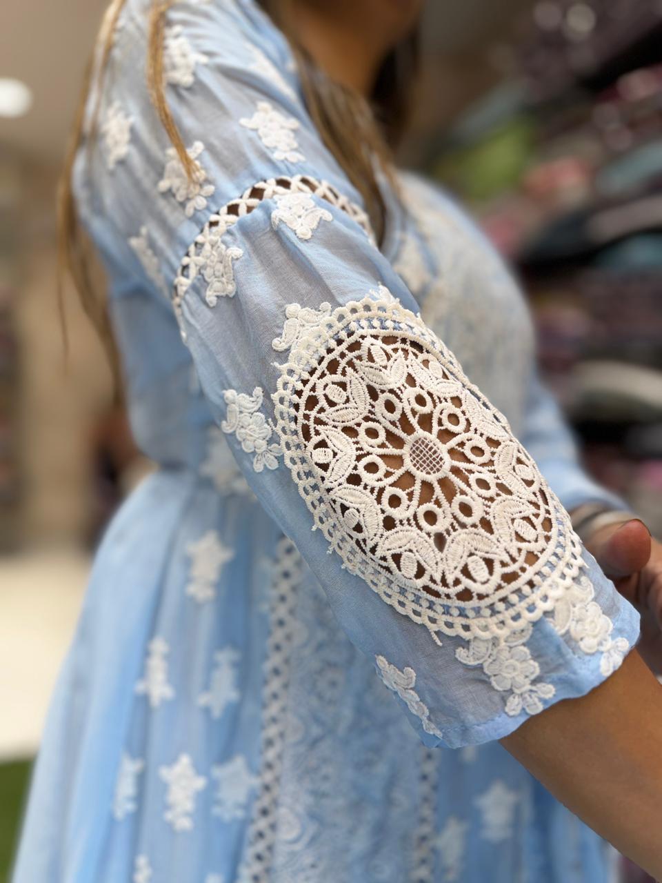 Pure Mull Cotton Sky Blue Shoulder Anarkali 3pc Set