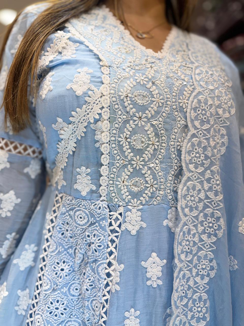 Pure Mull Cotton Sky Blue Shoulder Anarkali 3pc Set