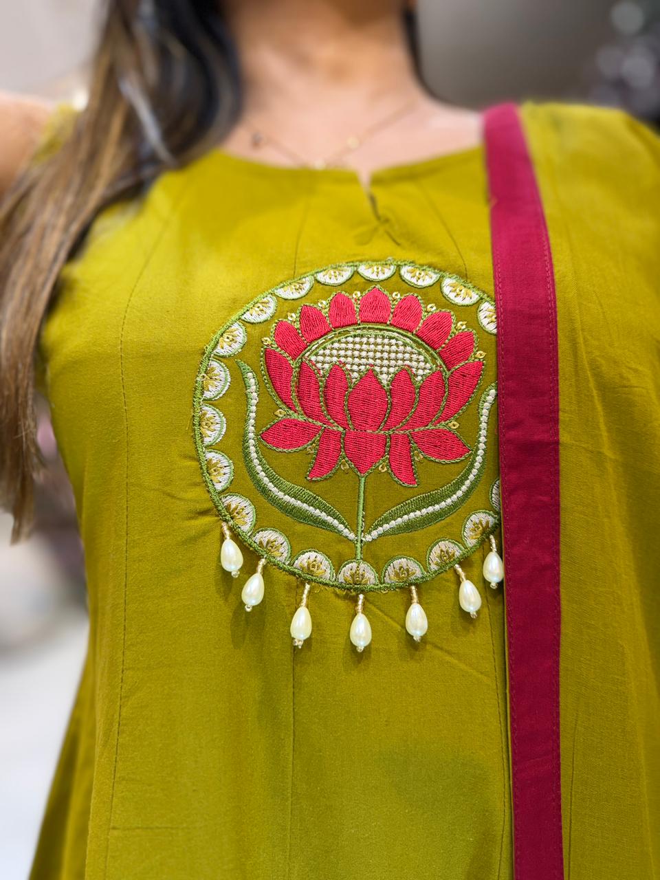 Pure Slub Cotton Mahendi Green Shoulder Anarkali 3pc Set