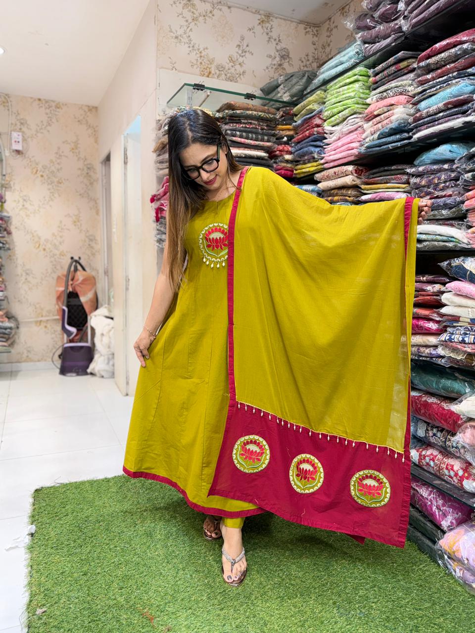 Pure Slub Cotton Mahendi Green Shoulder Anarkali 3pc Set